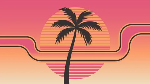 Retro Sunset Palm Tree Summer Background Vector With Vintage Gradient Lines 스톡 일러스트