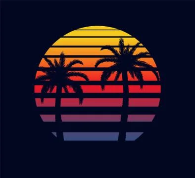 Retro sunset red purple. Two palm trees against background of an abstract Illustrazione stock