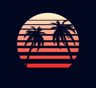 Retro sunset red white. Abstract two palm trees against fantastic electronic Stock Illustration