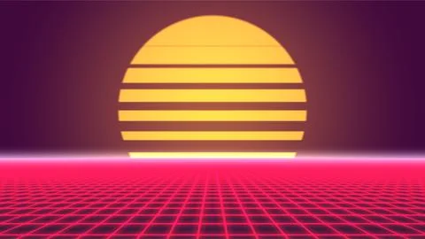 Retro Sunset Scene with Grid and Vibrant Colors. 스톡 일러스트