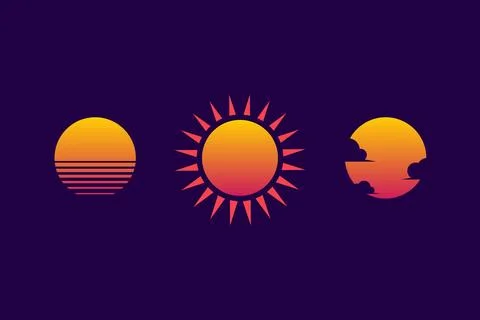 Retro sunset. sun for cyberpunk. Set of neon gradient graphic for summer logo Stock Illustration