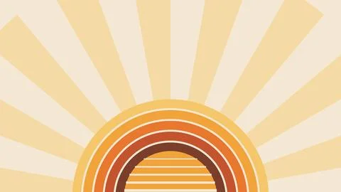Retro sunset with sun rays and stripes, vintage 70s background Ilustração Stock