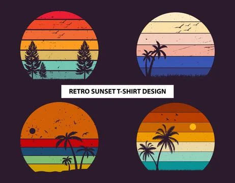 Retro Sunset T-shirt summer beautiful sky vintage style set Stock Illustration