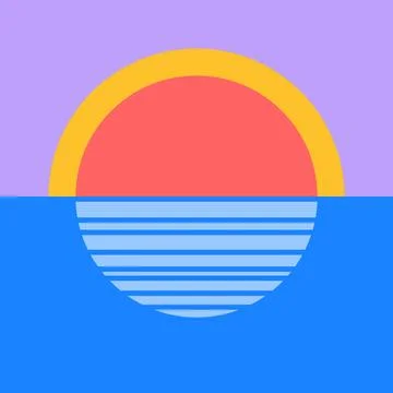 Retro sunset vector illustration flat abstract sun over sea on purple Stock Illustration