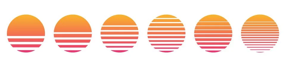 Retro sunset vector set in synthwave 80s 90s style. Stock Illustration