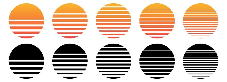 Retro sunset vector set in synthwave 80s 90s style. Illustrazione stock