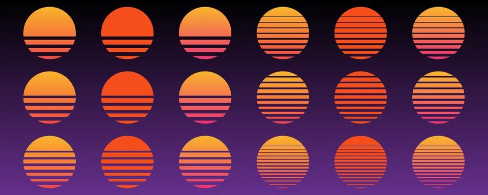 Retro sunset vector set in synthwave 80s 90s style. 스톡 일러스트