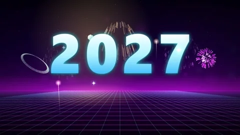 Retro synthwave 2027 year counting animation with grid floor and fireworks 库存影片 346970863