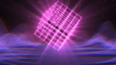 Retro Synthwave 3D Laser Wireframe Cube Rotating Over 80s Neon Grid Stock-Footage 130387015