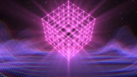 Retro Synthwave 3D Laser Wireframe Cube Rotating Over 80s Neon Grid 库存插图