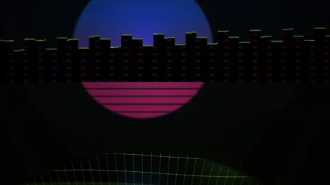 Retro synthwave 80s aesthetic animation with neon sun and dark city skyline. Stock Footage 334540699