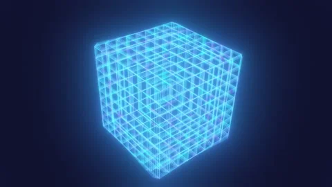 Retro Synthwave 80s Arcade Glowing Neon Cubic 3D Wireframe Cube Spins Stock Footage 250207059