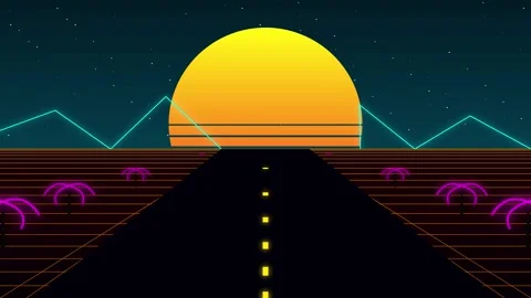 Retro synthwave 80s grid highway animation loop 動画素材 345013533