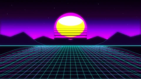 Retro synthwave 80s grid landscape loop animation featuring glowing neon sun Stock Footage 346740472