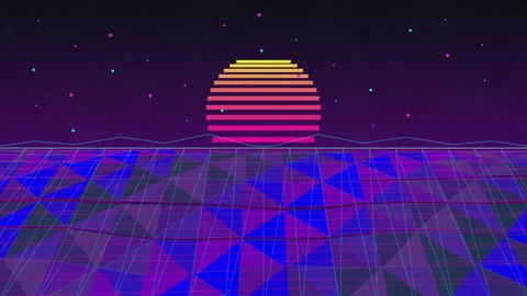 Retro synthwave 80s landscape animation loop with low poly grid and sun Stock Footage 346740467