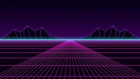 Retro synthwave 80s style digital landscape with neon grid and glowing moun.. Stock Footage 344860385
