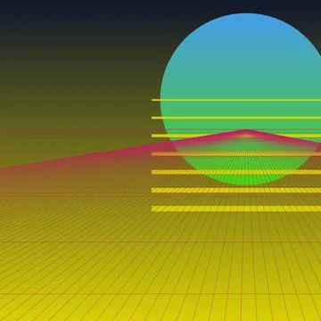 Retro Synthwave Aesthetic Background with Neon Perspective Grid and Digital.. Stock Illustration