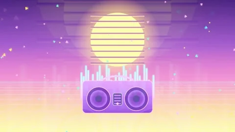 Retro Synthwave Animation with Boombox Speaker and Glowing Sun on a Purple Neon Stock Footage 343860922