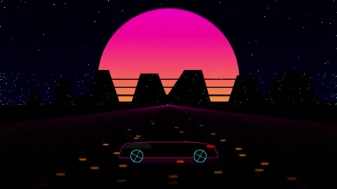 Retro synthwave animation of car driving towards giant neon sun Video stock 345013712