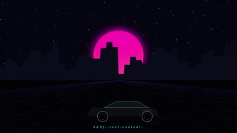 Retro synthwave animation of car driving towards pink sun Stock Footage 345013903