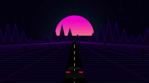 Retro synthwave animation driving toward pink sun Video stock 345014200