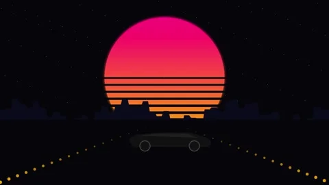 Retro synthwave animation driving towards a giant sun in 4K Stock Footage 345013720