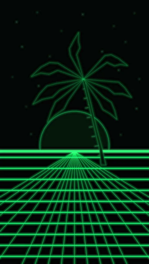 Retro synthwave animation featuring wireframe grid landscape and palm tree Stock Footage 346543199