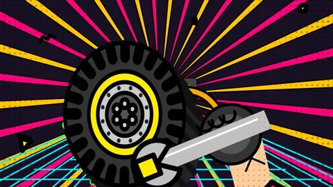 Retro Synthwave Animation Hand Repairing Tire With Wrench Stock Footage 341174247