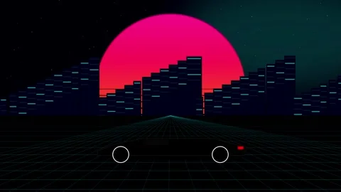 Retro synthwave animation with neon sun and digital grid Stock Footage 345013796