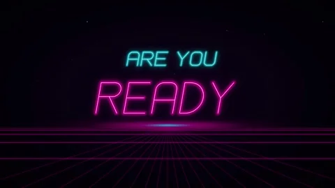 Retro synthwave "are you ready" neon text animation with glowing grid backg.. Vidéo 344851534