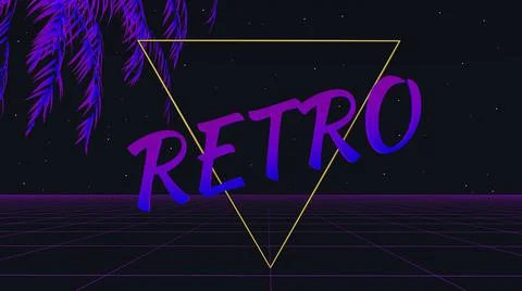 Retro synthwave background. 3d neon grid, tropical palm tree and retro Stockillustratie