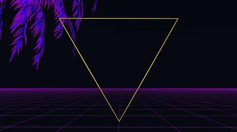 Retro synthwave background. 3d neon grid and tropical palm tree on a dark night Illustrazione stock