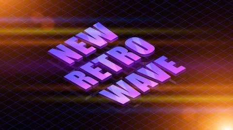 Retro synthwave background. 3d neon grid and new retro wave inscription on a Illustrazione stock