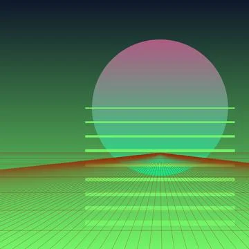 Retro Synthwave Background with Digital Grid Horizon and Sun Graphic Stock Illustration