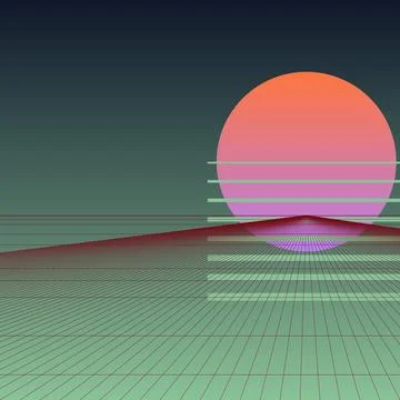 Retro synthwave background featuring glowing gradient sun and wireframe per.. Stock Illustration