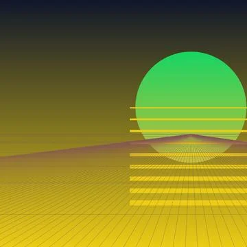 Retro Synthwave Background Featuring Green Sun and Yellow Perspective Grid .. Stock Illustration