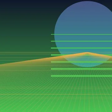 Retro Synthwave Background with Glowing Green Grid Landscape and Blue Sun S.. Stock Illustration