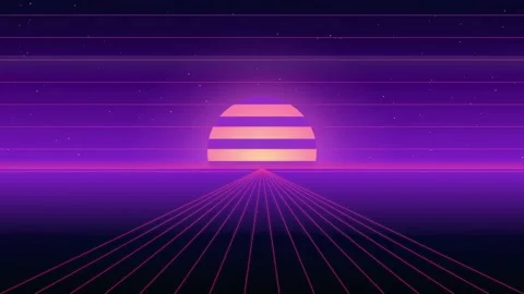 Retro Synthwave Background with Glowing Neon Sun and Digital Grid Landscape in Stock Footage 346212248