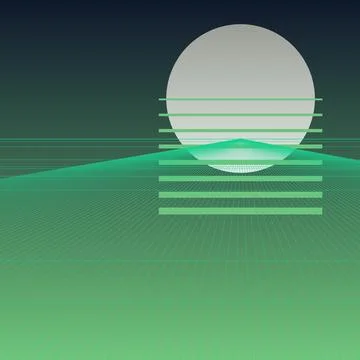 Retro synthwave background with green wireframe grid and striped sun in dig.. Stock Illustration