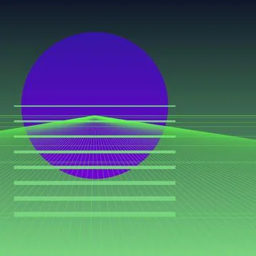 Retro Synthwave Background with Green Wireframe Grid and Purple Sun Landscape Illustration