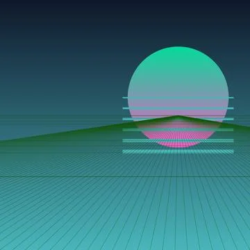 Retro synthwave background with neon sun and futuristic wireframe grid in 8.. Stock Illustration