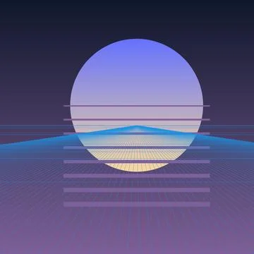 Retro synthwave background with neon sun and digital wireframe grid landscape Illustration