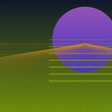 Retro synthwave background with purple sun and perspective wireframe grid i.. Stock Illustration