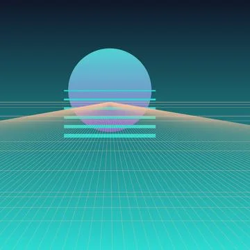 Retro Synthwave Background with Teal Wireframe Grid and Vibrant Sunset Sun .. Stock Illustration