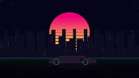 Retro synthwave car animation driving past a neon city skyline Stock-Footage 345013865