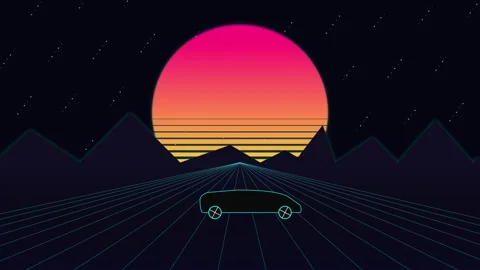 Retro synthwave car driving animation with glowing sun Stock Footage 345013914