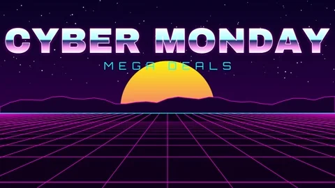Retro synthwave Cyber Monday chrome text over a moving neon grid and striped sun Stock Footage 348330748