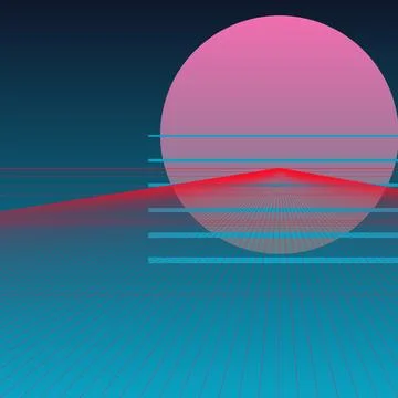 Retro Synthwave Digital Background with Pink Sun and Cyan Neon Perspective Gr Stock Illustration