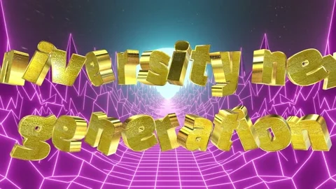 Retro synthwave digital landscape featuring floating golden text elements 動画素材 344715124