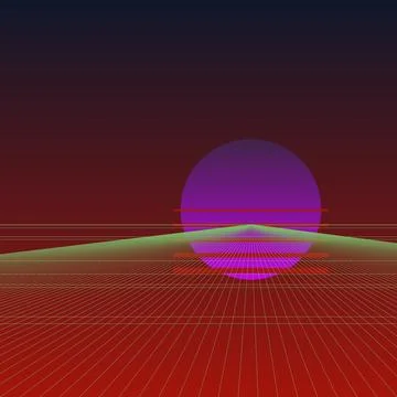 Retro synthwave digital landscape featuring glowing purple sun and neon wir.. Stock Illustration